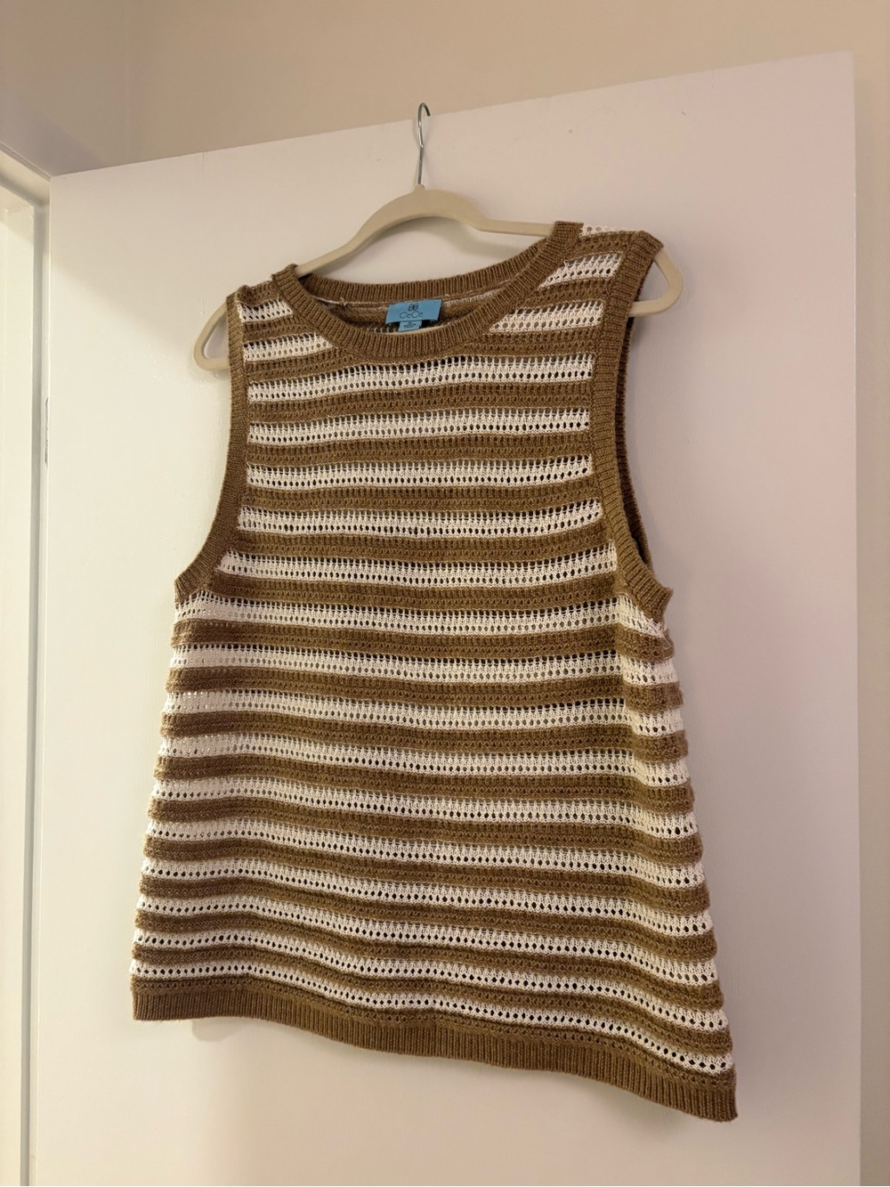 CeCe Brown and White Striped Crochet Tank